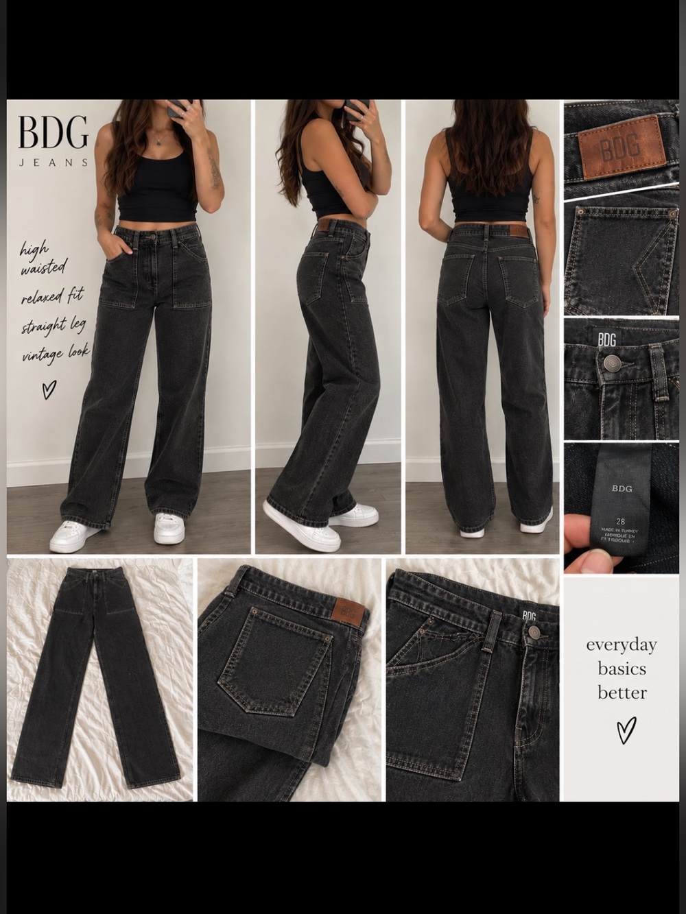 BDG Women’s Size 25 Black Baggy Straight Leg Jeans Mid Rise Vintage Wash NWOT